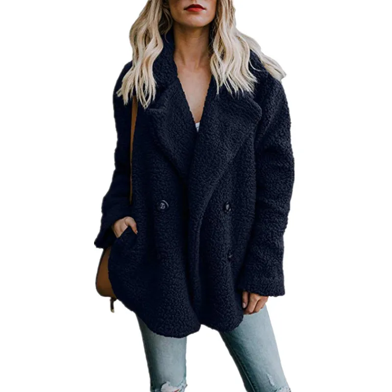 Autumn And Winter Women's Plush Button Lapels Pocket Coat Shirt - Navy Blue