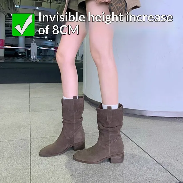 Height increasing 8cm Round Toe Chunky Heel Slimming High Shaft Ankle Boots Brown - Shop at LoveMi
