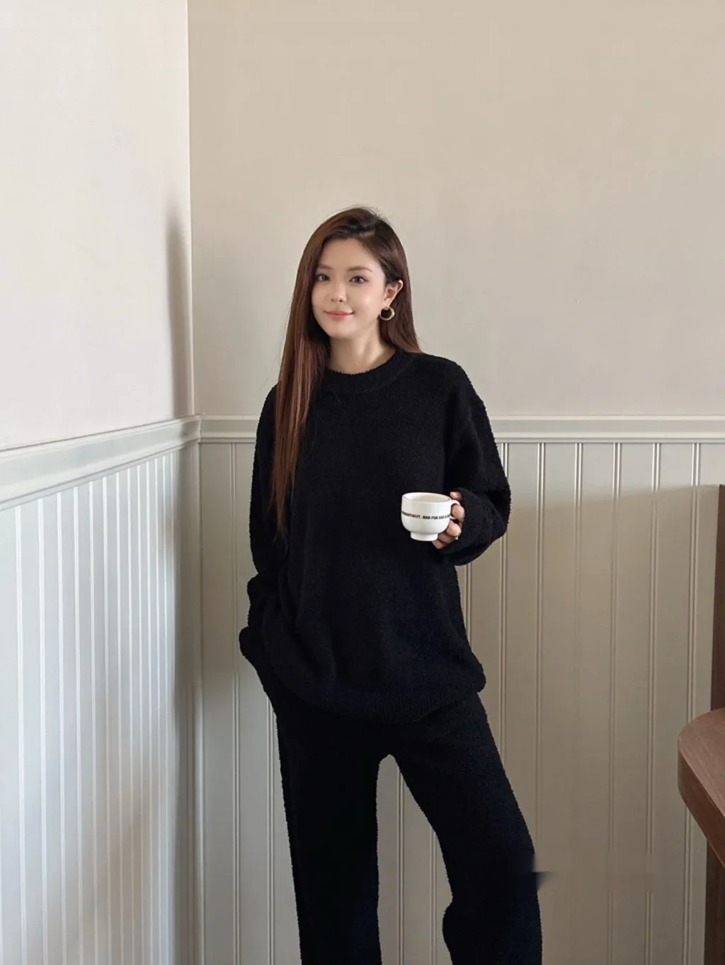 Plain Color Women's Homewear Set - Black