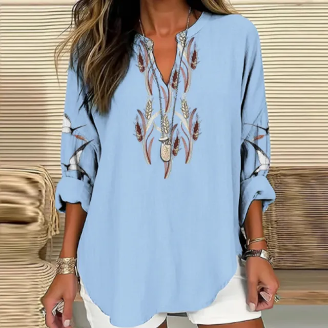 Women's Spikelet Art V neck Casual Linen Blend Blouse Blue - Shop at LoveMi