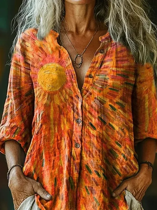 Women's Vintage Ethnic Floral Art Print Linen And Cotton V neck Casual Shirt Multicolor - Shop at LoveMi
