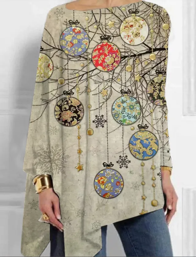 Winter Christmas Printed Mid Length Irregular Women's Tops Photo Color - Shop at LoveMi