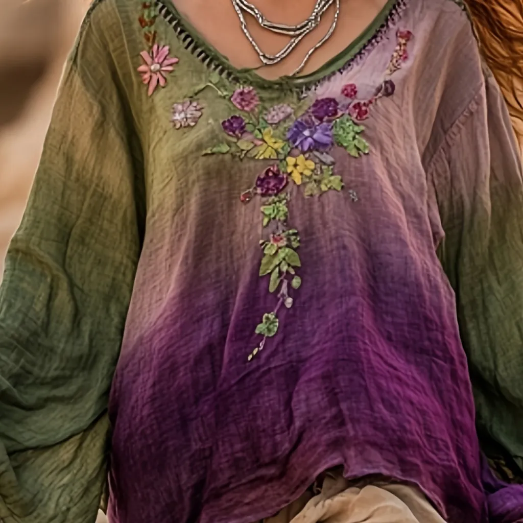 Women's 3D Digital Print Round Neck Retro Bohemian Top - Green Purple