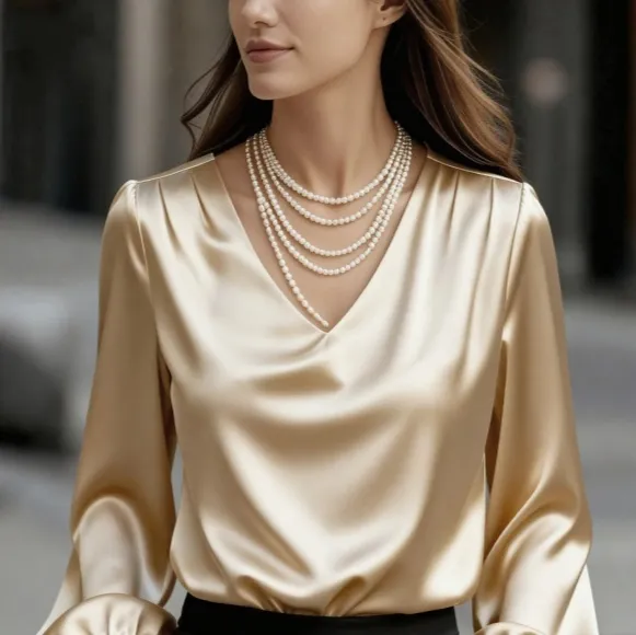 Bubble Sleeve V neck Long Sleeve Blouse For Women Apricot - Shop at LoveMi