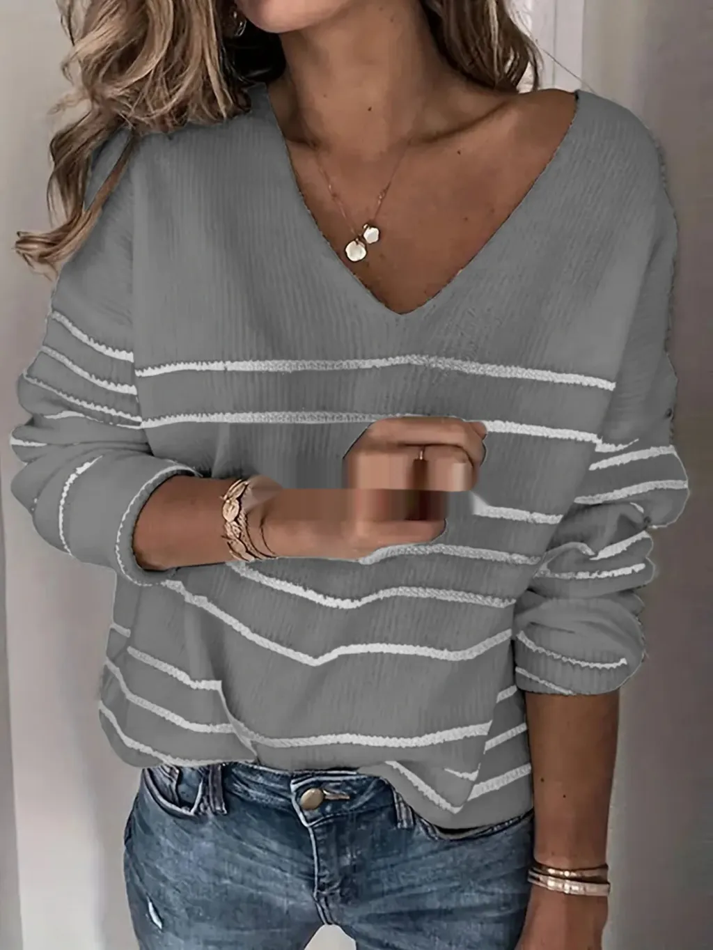 Knitted Striped V-neck Sweater For Women - Gray