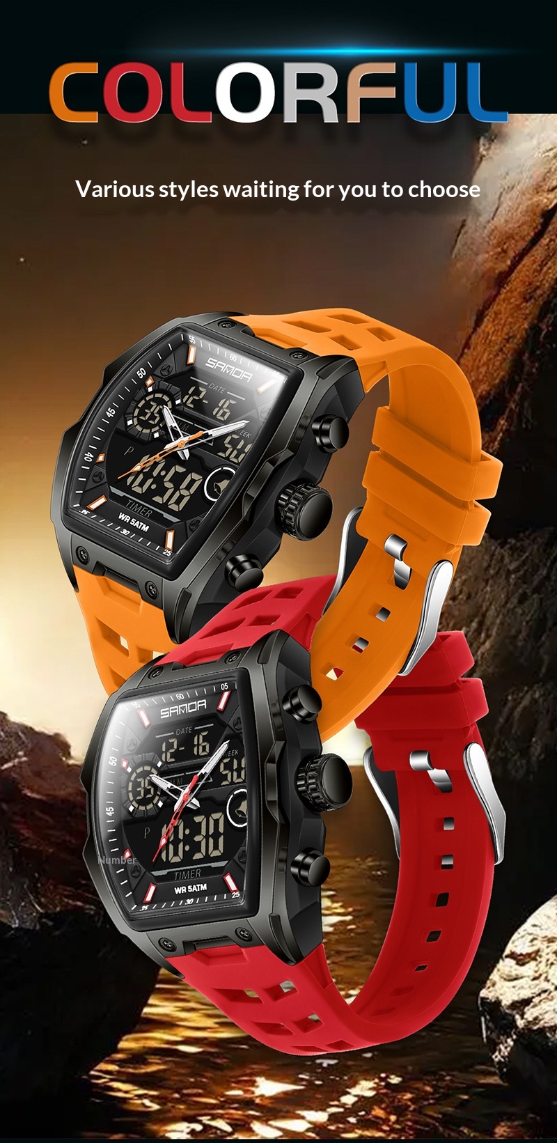 Sanda 6235 Barrel-shaped Waterproof Multifunctional Alarm Sports Watch For Men