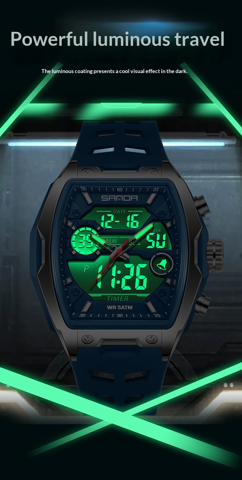 Sanda 6235 Barrel-shaped Waterproof Multifunctional Alarm Sports Watch For Men