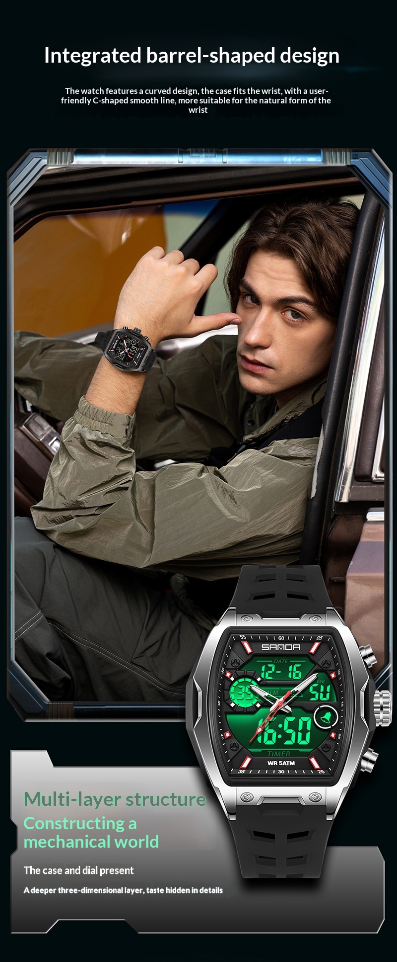 Sanda 6235 Barrel-shaped Waterproof Multifunctional Alarm Sports Watch For Men