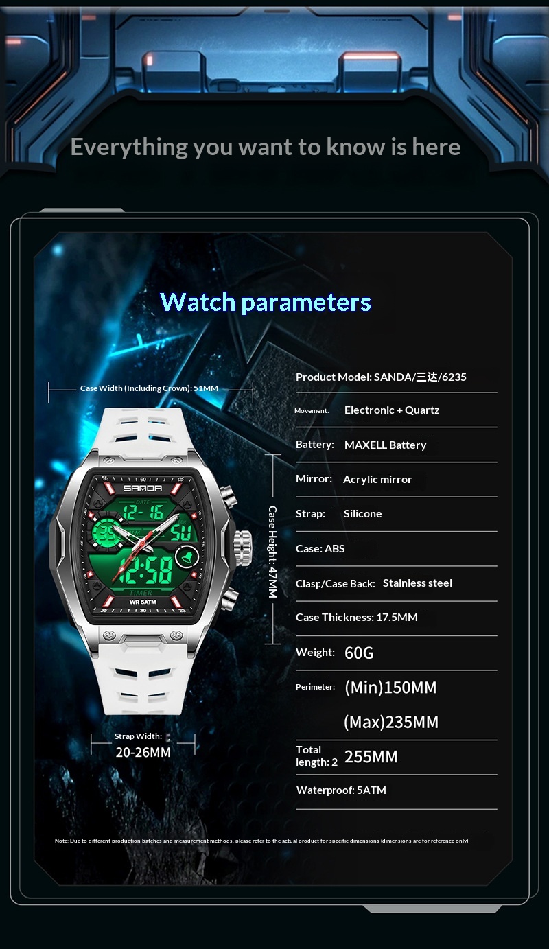 Sanda 6235 Barrel-shaped Waterproof Multifunctional Alarm Sports Watch For Men