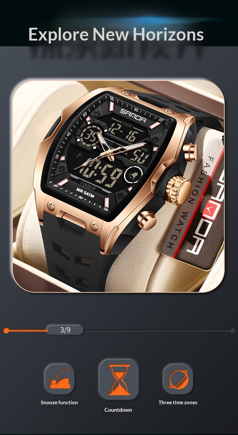 Sanda 6235 Barrel-shaped Waterproof Multifunctional Alarm Sports Watch For Men