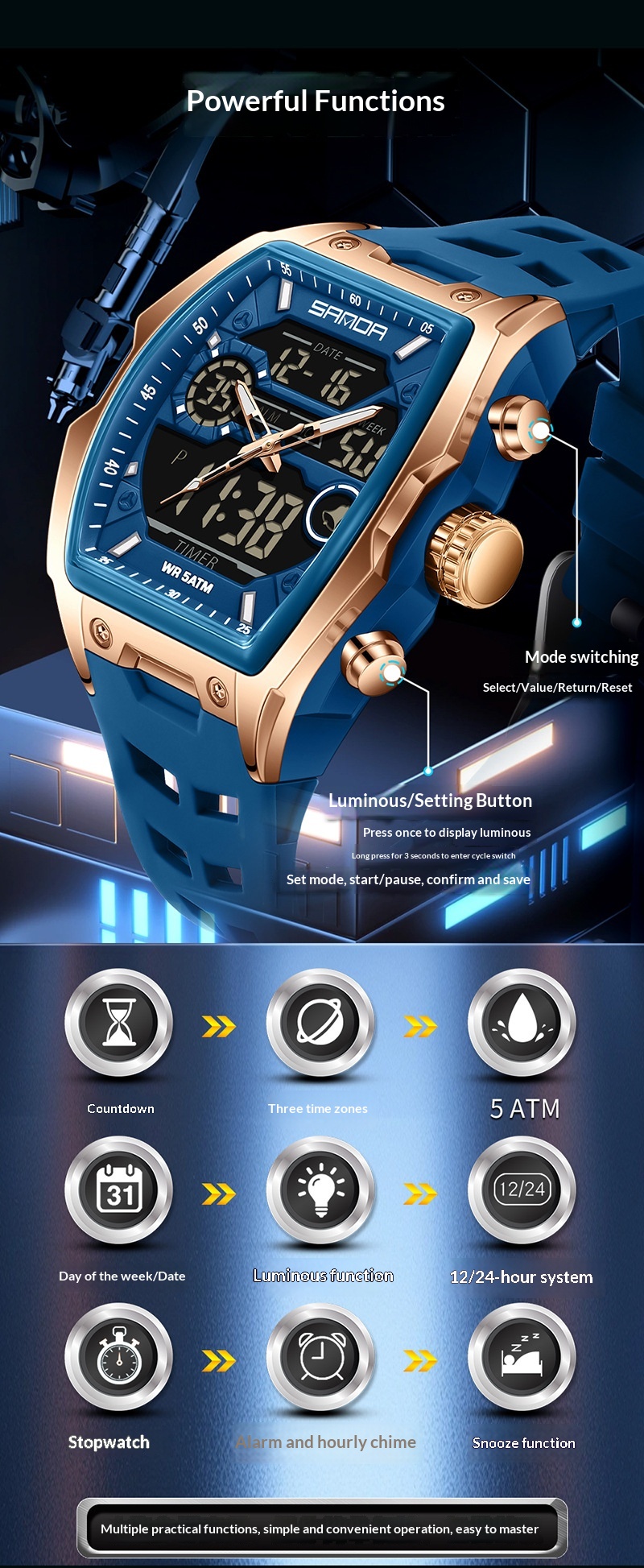 Sanda 6235 Barrel-shaped Waterproof Multifunctional Alarm Sports Watch For Men