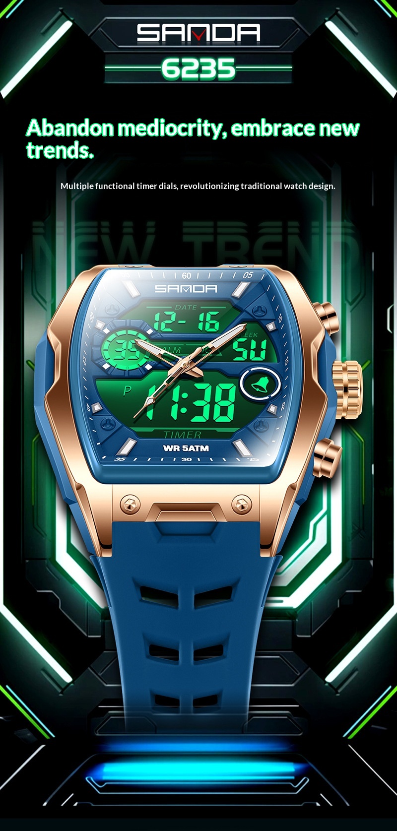 Sanda 6235 Barrel-shaped Waterproof Multifunctional Alarm Sports Watch For Men