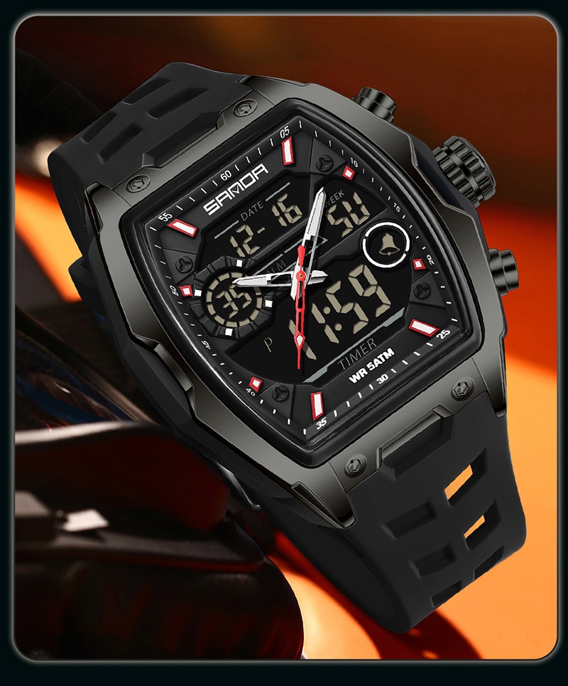 Sanda 6235 Barrel-shaped Waterproof Multifunctional Alarm Sports Watch For Men