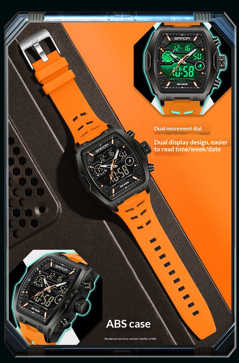 Sanda 6235 Barrel-shaped Waterproof Multifunctional Alarm Sports Watch For Men