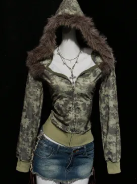 Retro Alphabet Embroidered Autumn And Winter Fur Collar Hood Cardigan Coat Sweatshirt Army Green - Shop at LoveMi