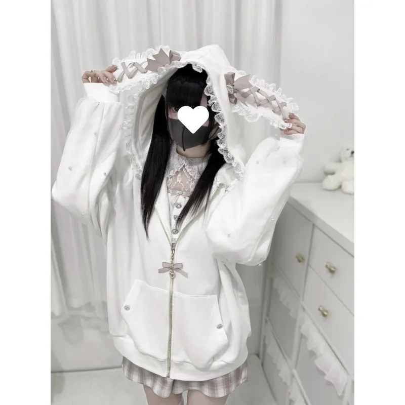 2D Ribbon Bunny Ears Hood With Bow And Pearl Decoration Cute Versatile Long Sleeve Jacket - White