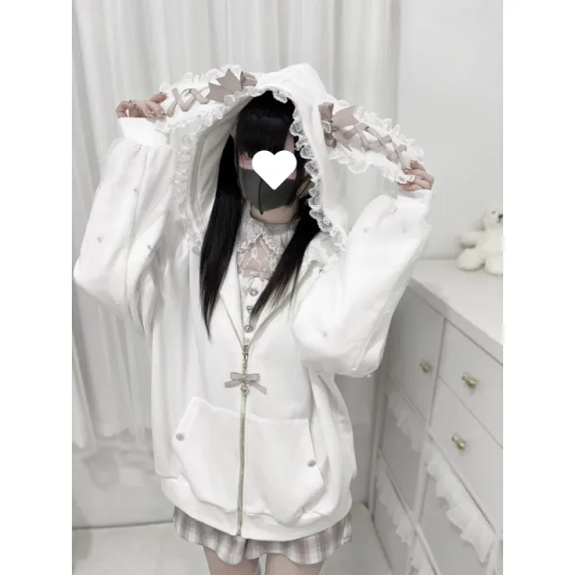 2D Ribbon Bunny Ears Hood With Bow And Pearl Decoration Cute Versatile Long Sleeve Jacket White - Shop at LoveMi