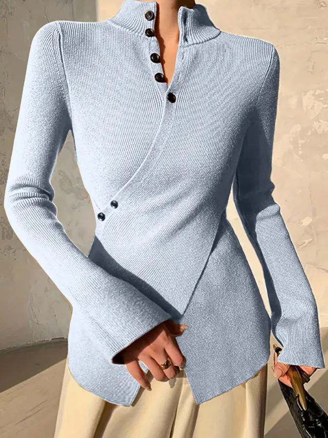 Sweet And Spicy Sweater Stand Collar Cross Button Top Tan - Shop at LoveMi