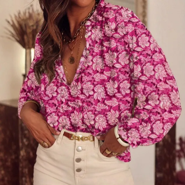 New Casual And Stylish Loose fit V neck Printed Long sleeve Shirt Pink - Shop at LoveMi