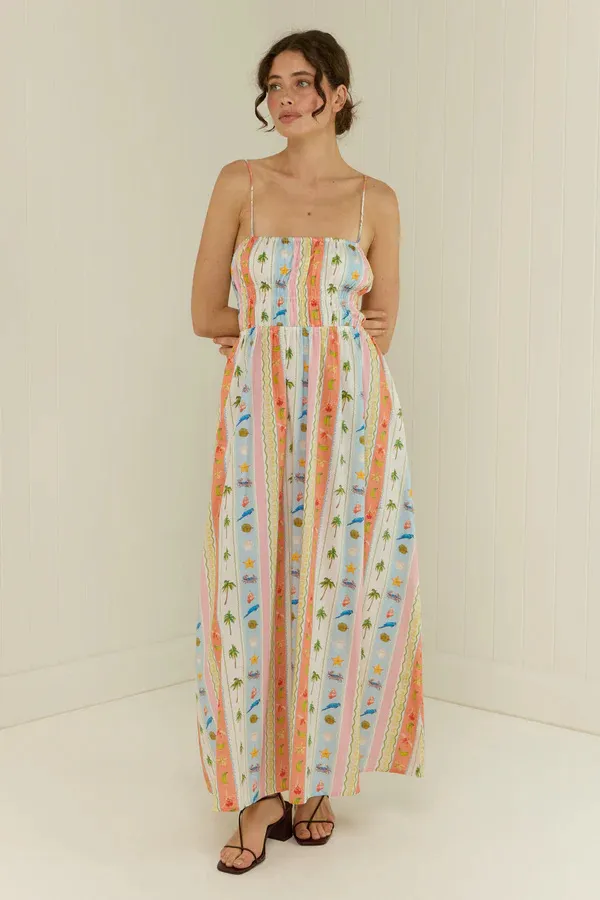 High-waisted Cotton-linen Printed Camisole Casual Fashionable Dress - Colored Stripes