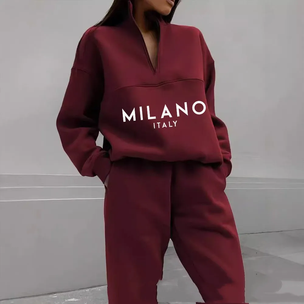 Women's Fashion Printed Hoodie Suit - Dark Red - View 1