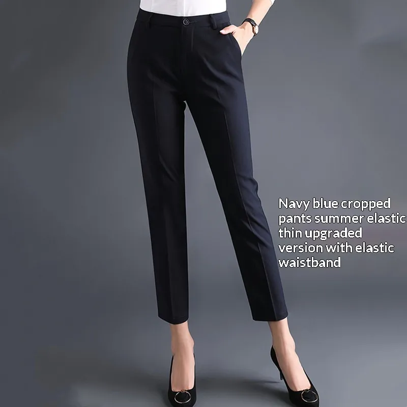 Women's Professional AutumnWinter Thick Fleece High-Waisted Straight Pants - Navy Blue Thin Nine Point