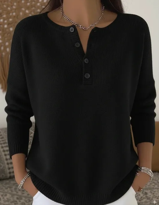 Women's Henley Neck Solid Color Sweater Top - Black