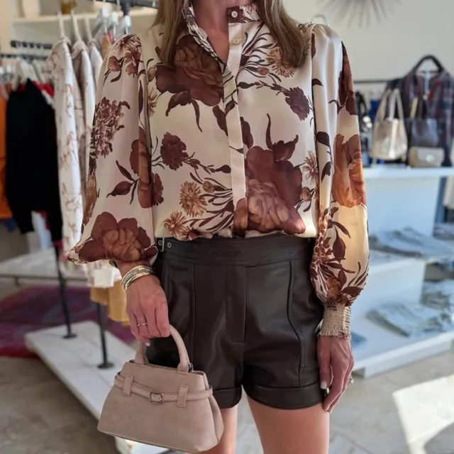 Women's Printed Long sleeve Lapel Casual Shirt Brown - Shop at LoveMi