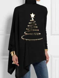 Christmas Tree Aperture Printed Women's Turtleneck Tops - Black - View 1