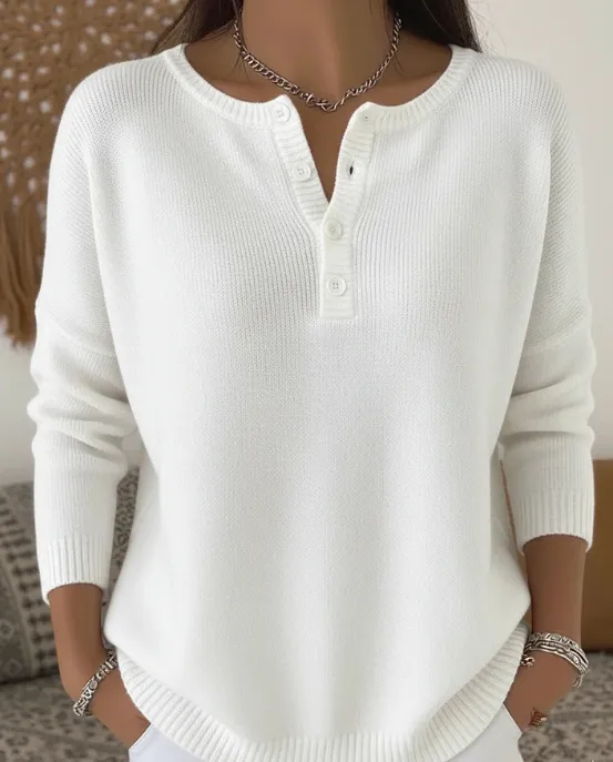 Women's Henley Neck Solid Color Sweater Top White - Shop at LoveMi