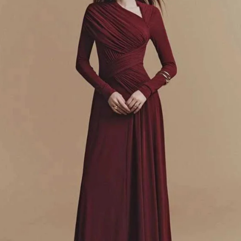 A Long Red Dress With A Slanted V neck And Crossed Pleats Red - Shop at LoveMi