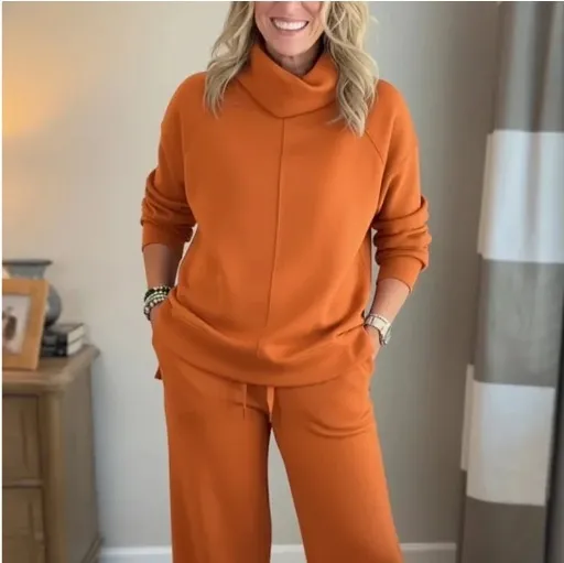 Solid Color Hooded High-neck Top Casual Women's Two-piece Set - Orange