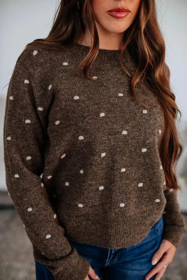 Women's Fashion Round Neck Long Sleeve Pullover Dotted Jacquard Sweater Brown - Shop at LoveMi