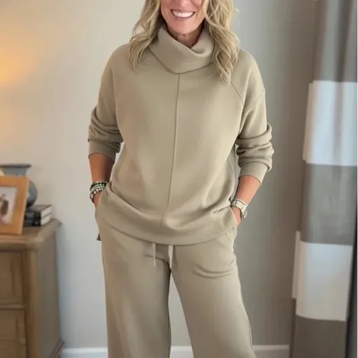 Solid Color Hooded High neck Top Casual Women's Two piece Set Khaki - Shop at LoveMi