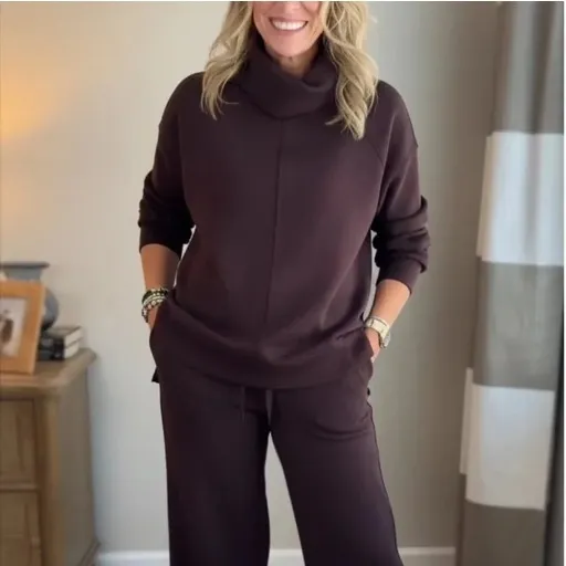 Solid Color Hooded High-neck Top Casual Women's Two-piece Set - Reddish Brown