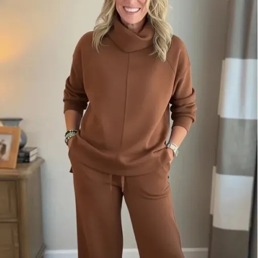 Solid Color Hooded High neck Top Casual Women's Two piece Set Dark Brown - Shop at LoveMi