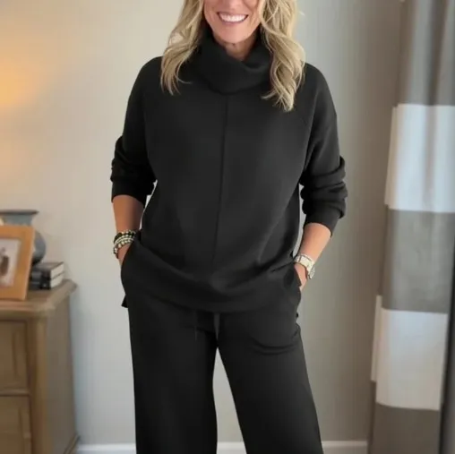 Solid Color Hooded High neck Top Casual Women's Two piece Set Black - Shop at LoveMi