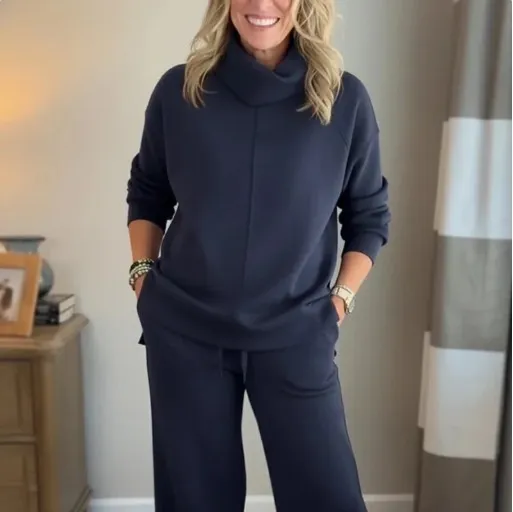 Solid Color Hooded High-neck Top Casual Women's Two-piece Set - Navy Blue