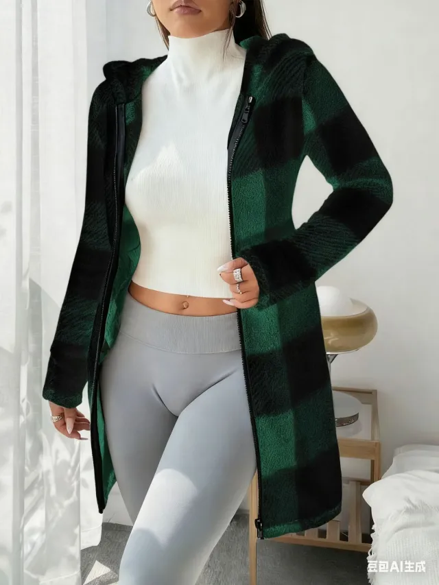 Women's Casual Plaid Printed Double sided Plush Hooded Zipper Jacket Army Green - Shop at LoveMi