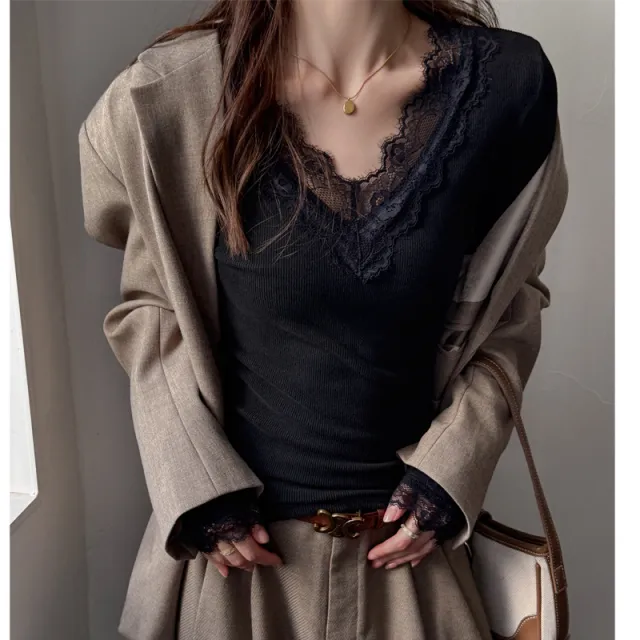 Pure Desire Style Lace V neck Patchwork Long sleeved T shirt For Women Black - Shop at LoveMi