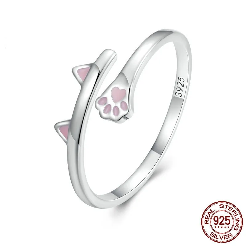 Sterling Silver S925 Cat Open Ring With Oil Drop, Cute - Bsr316