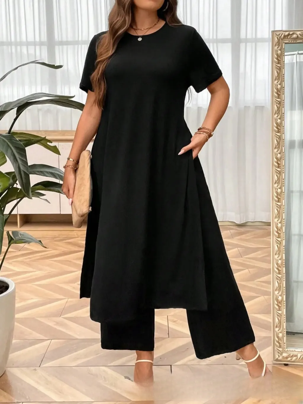 Plus Size Set Slit Top Wide Leg Pants - Black