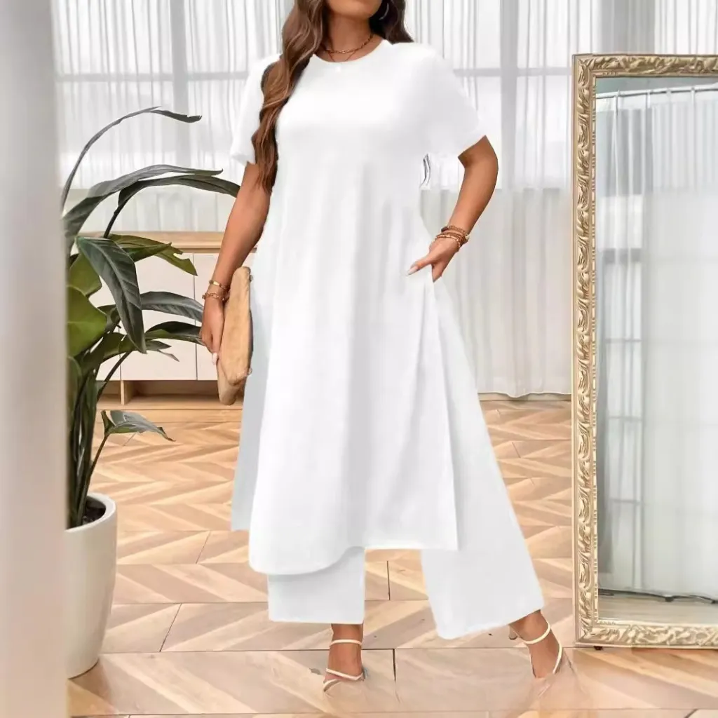 Plus Size Set Slit Top Wide Leg Pants - White T470371