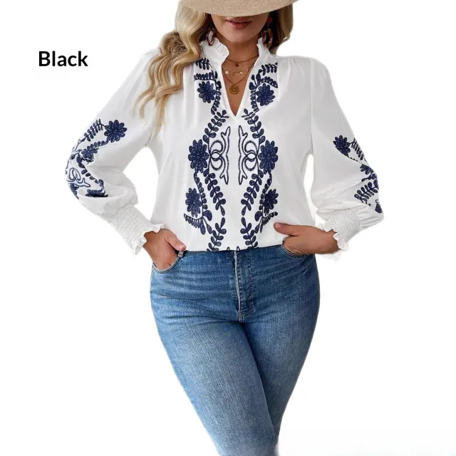 Code Women's New Loose Embroidered Long sleeved Shirt T404047 Black - Shop at LoveMi