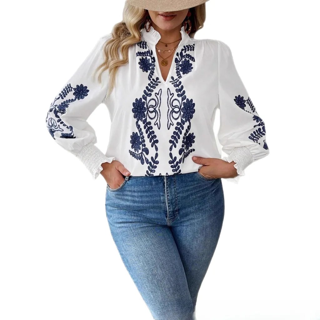 Code Women's New Loose Embroidered Long-sleeved Shirt - Yt404047 White