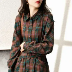 New Lace-up Waist-defining Shirt Jacket Retro Dress For Women - Green Coffee Grid - View 1