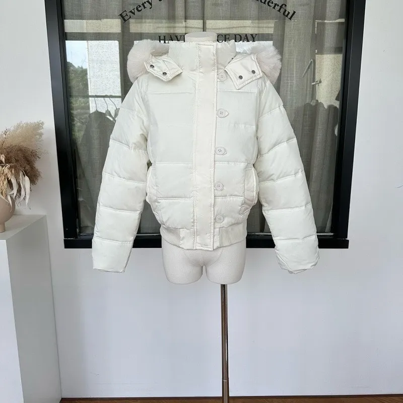 Winter Down Cotton Jacket Women's Short Big Fur Collar Hooded - White