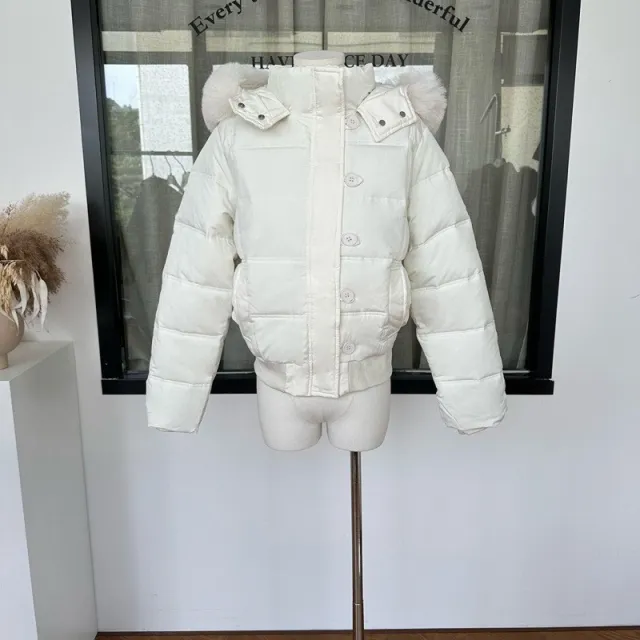 Winter Down Cotton Jacket Women's Short Big Fur Collar Hooded White - Shop at LoveMi