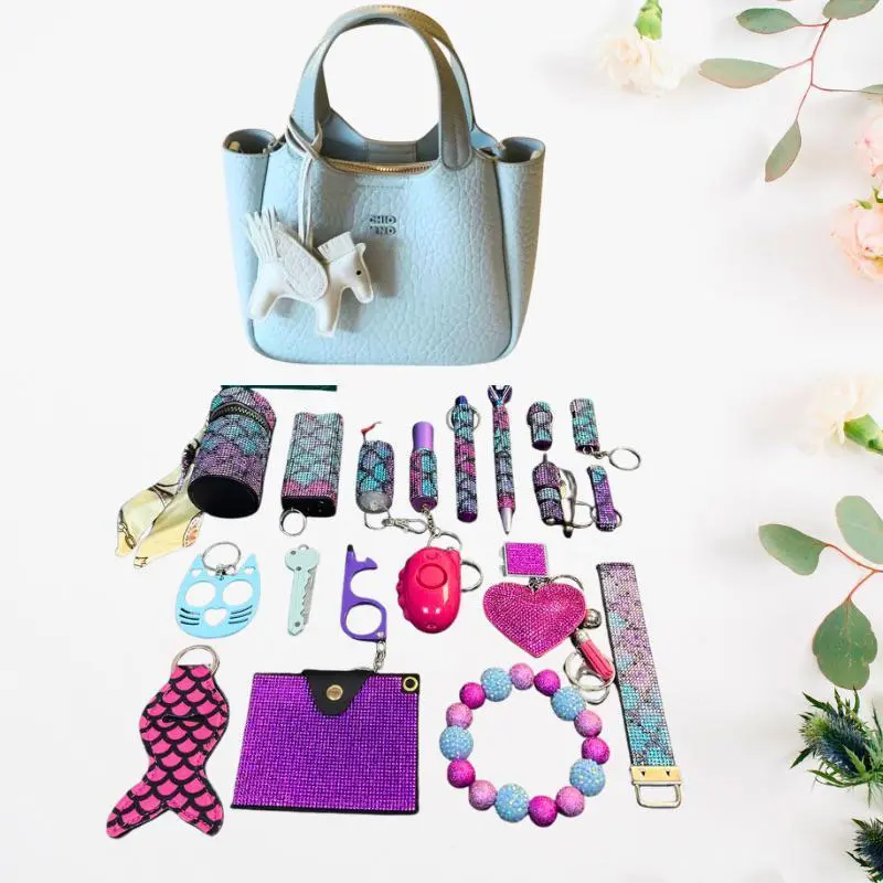 Stylish Handbag With Sparkly Self-Defense Keychain Set