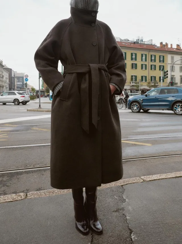 Women's Stand Collar Belt Overcoat Coat Brown - Shop at LoveMi